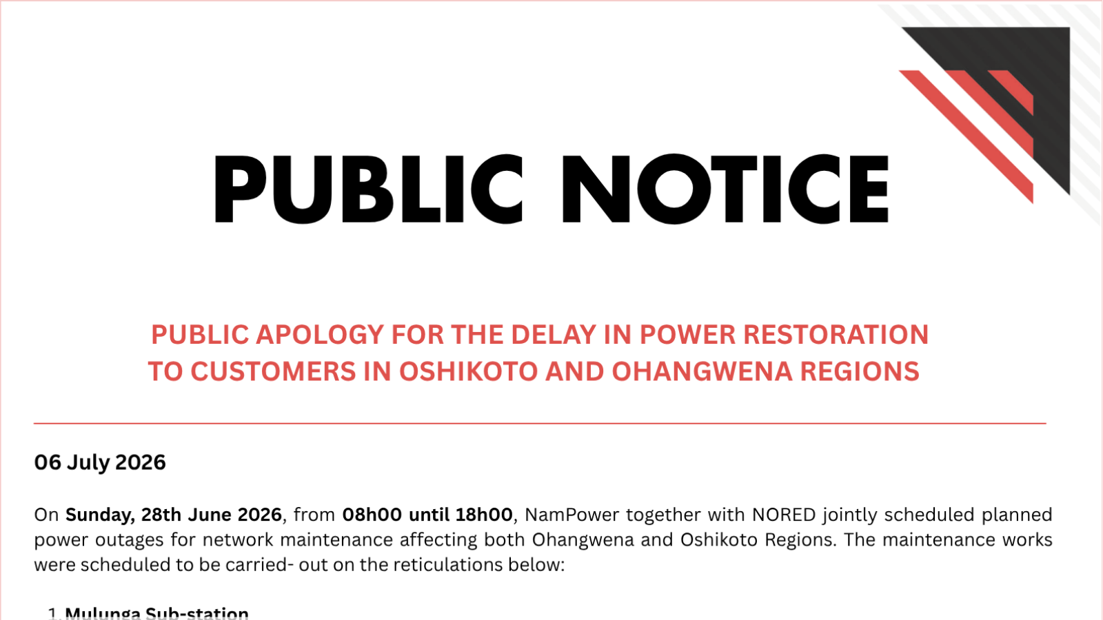 Public apology for the delay in restoration of power to customers in Oshikoto and Ohanagwena Regions